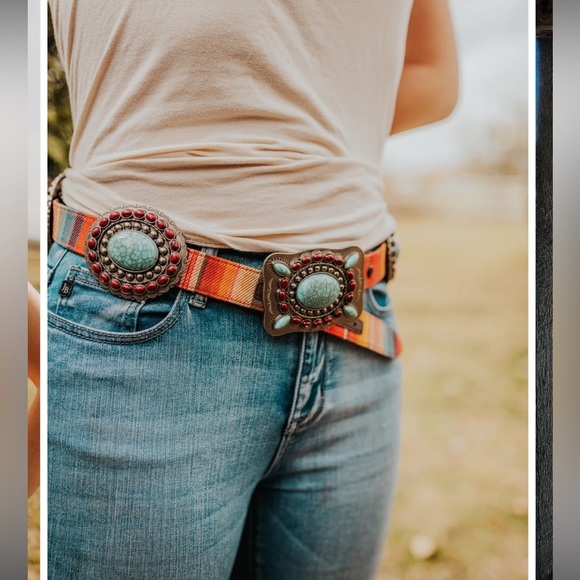 Lucky And Blessed Concho Red Serape Sunrise Turquoise Tooled Square Belt